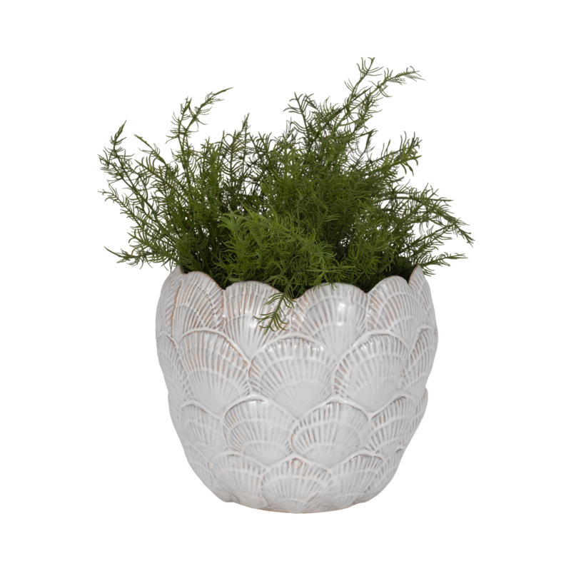 Stoneware Ceramic Planter with Embossed Scale Texture and Scalloped Rim Decorative Modern Pot, 8" H x 10" W x 10" D