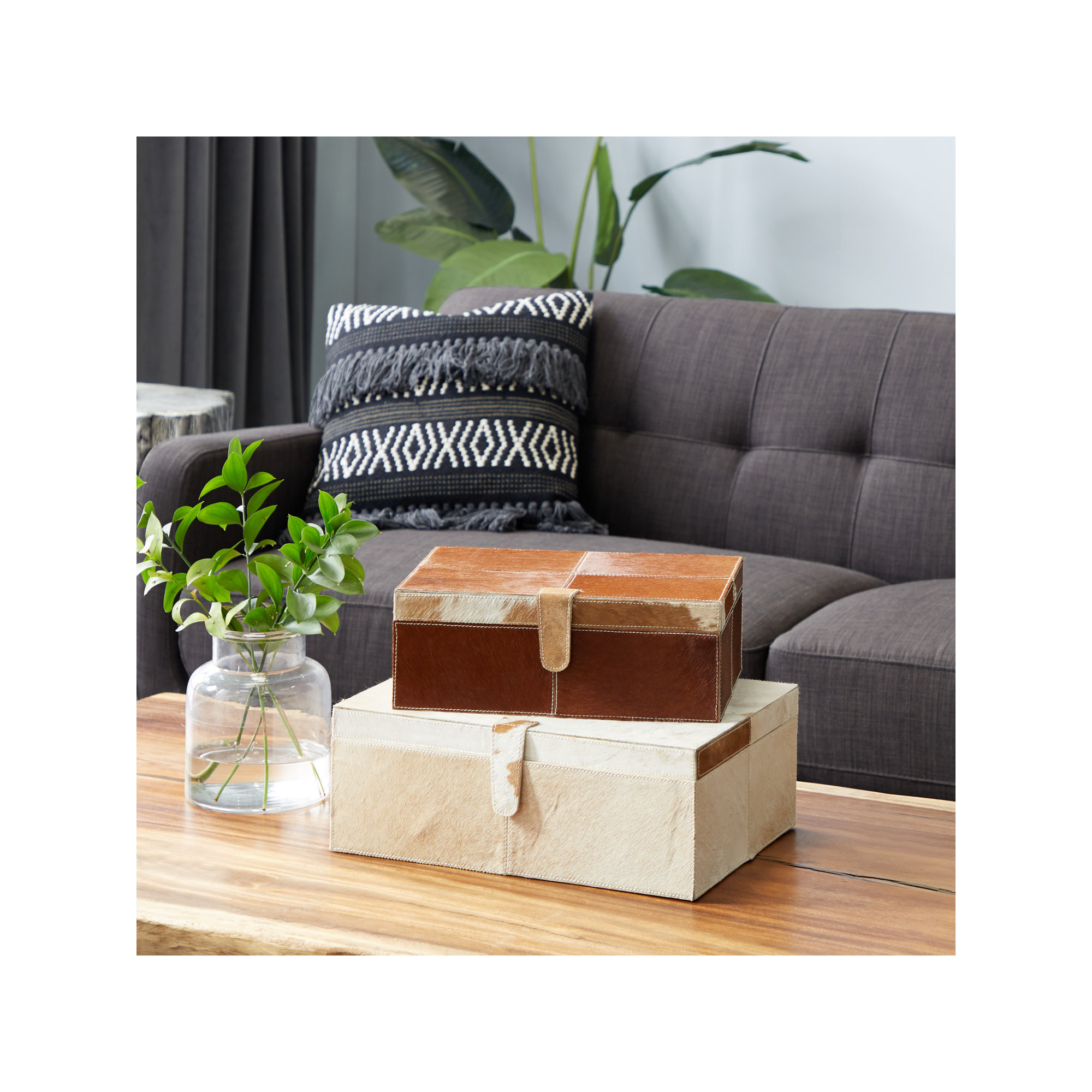Georgine Natural Leather Hide and Wooden Decorative Box Set (Set of 2), Brown/White