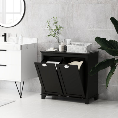 Dual Tilt Out Laundry Hamper Cabinet, Bathroom. 2 For Washroom Storage, Black Floor Cabinet. Spacious Towel Accommodation. Separate Storage & Dark Items. Made, Water-. Toppling Feature.