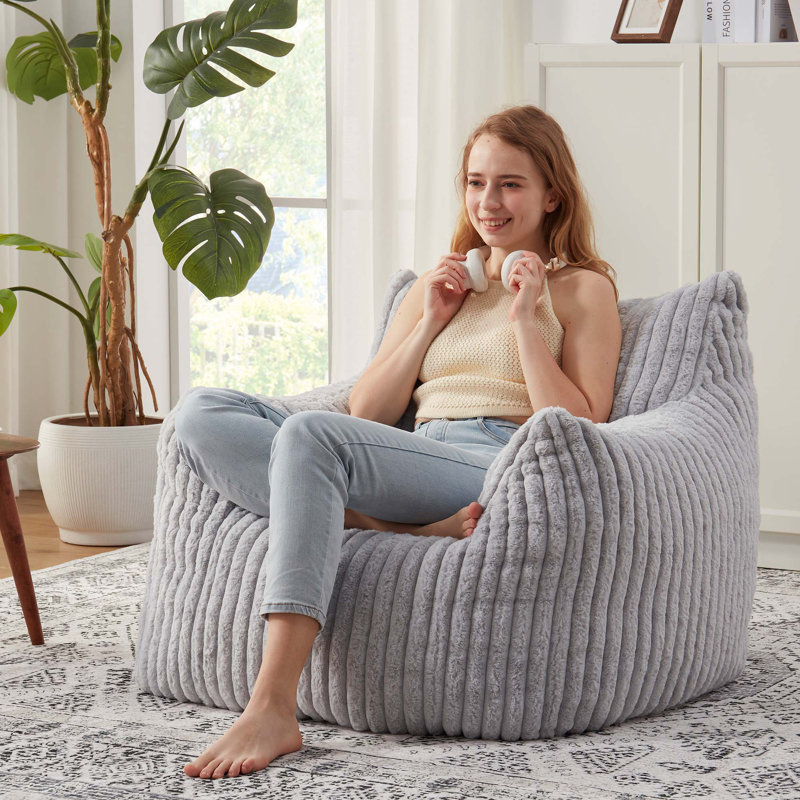 Modern Large Compression Faux Fur Bean Bag Chair, Spacious Lazy Sofa for Home, Light Gray, 27.9“ H x 37" W x 33"D