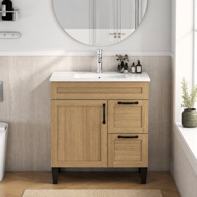 Meuble-lavabo de 80 cm avec lavabo intégré, armoire à 1 porte et 2 tiroirs, poignée en métal noir, pattes noires, charnières à fermeture douce, meuble de salle de bain moderne, lavabo en céramique, montage facile, naturel