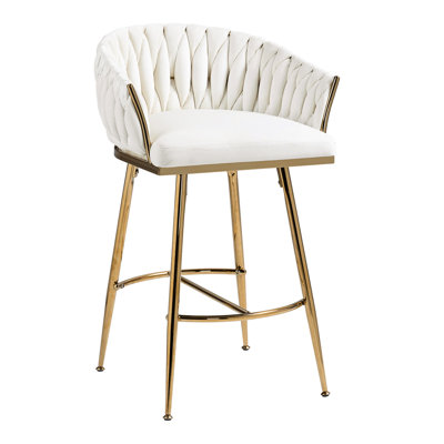 Tabouret de bar de 26 po de hauteur comptoir en velours beige, dossier ondulé à la main, repose-pieds doré, mousse haute densité, pieds réglables en métal, tissu peau, parfait pour la salle d'étude et le tabouret d'îlot de cuisine en velours de café,
