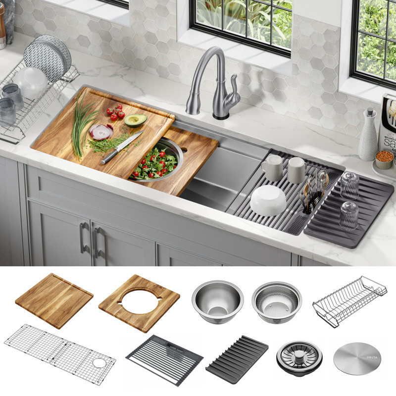 Évier de cuisine à simple cuve en acier inoxydable de calibre 16 avec rebord WorkFlow ™ à 2 niveaux Delta Lorelai ™