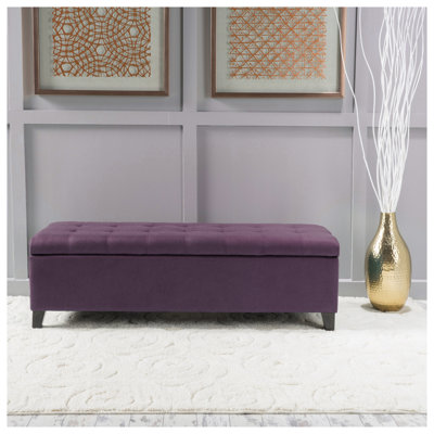 Tufted Fabric Storage Ottoman with Pine Wood Frame, Purple