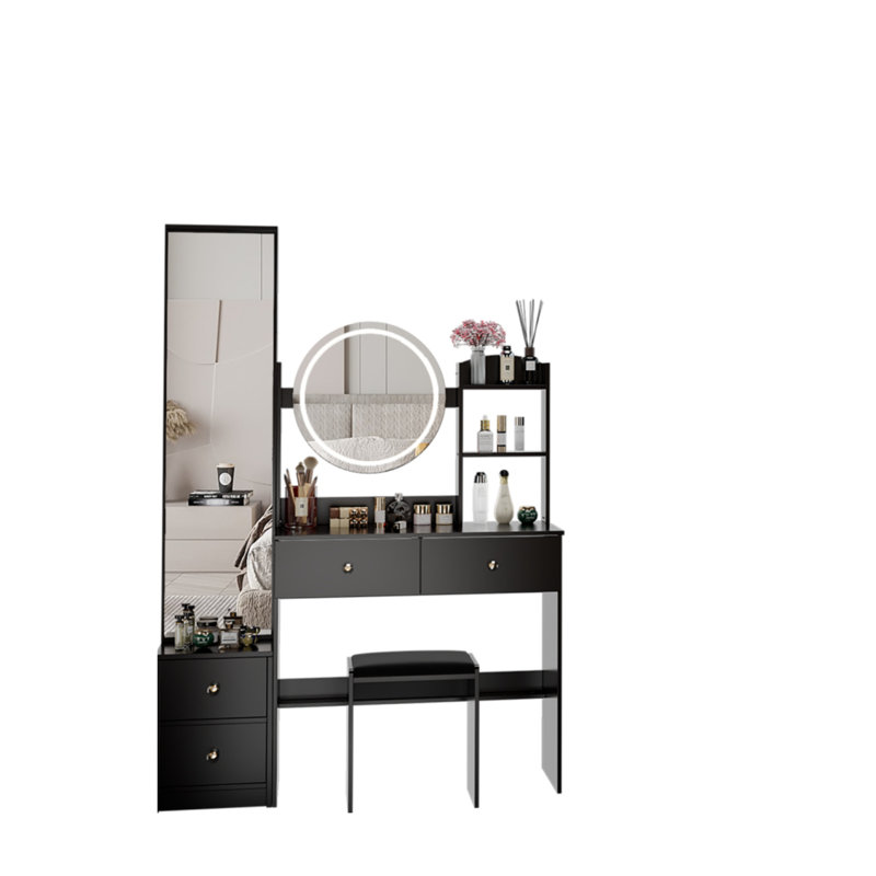   Full-length Mirror With Round Mirror And Touch-control 3-colour Adjustable Led Lights Vanity With Large Tabletop And Multi-tiered High-capacity Storage Space