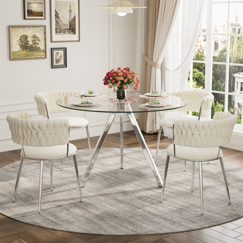 Ensemble de salle à manger moderne avec chaise rembourrée, 29.5" H x 39" W x 39" D, Beige, Silver
