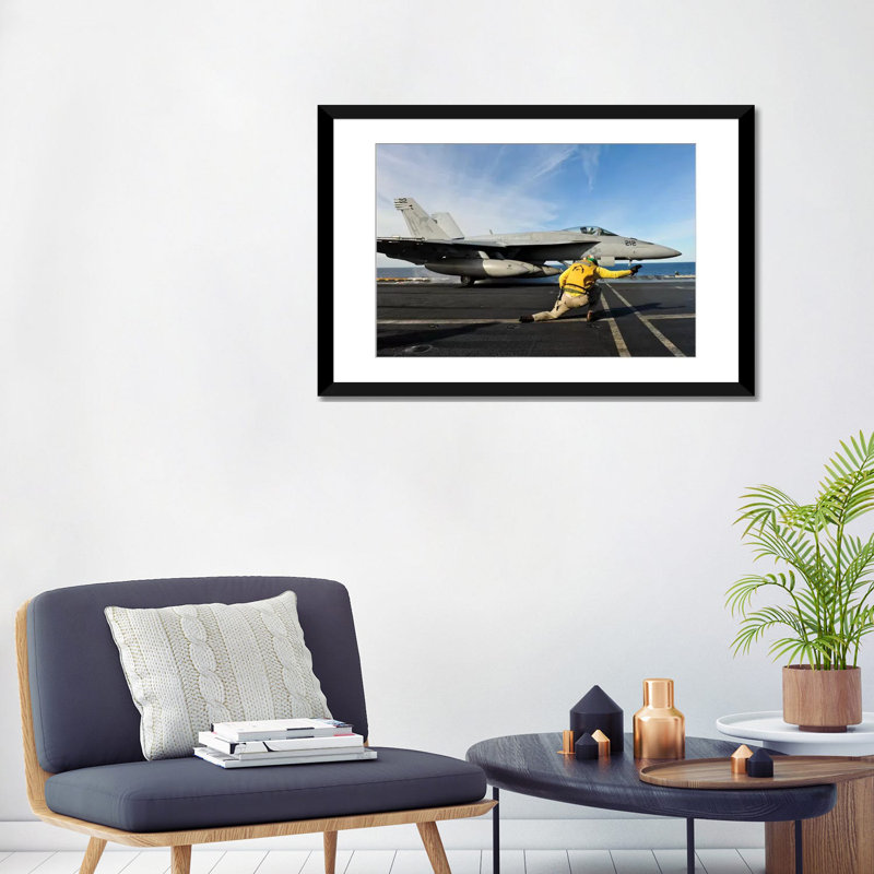 " A Shooter Signals To Launch An F/A-18E Super Hornet Aboard USS Nimitz " by Stocktrek Images, Black Framed Fine Art Paper