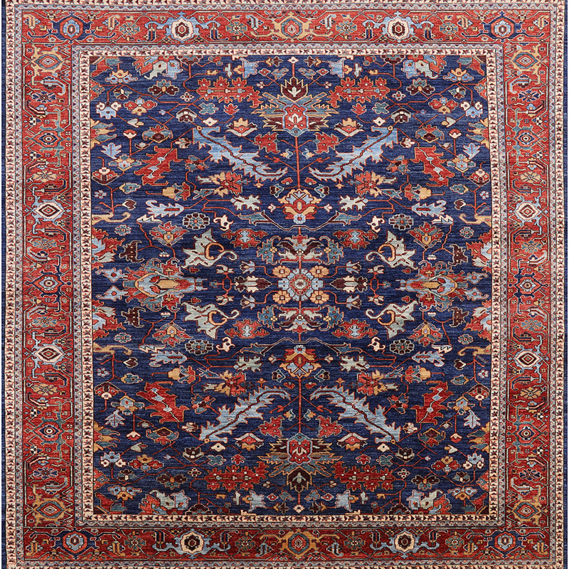 Tapis oriental rouge / bleu Royale, Carré 6 pi