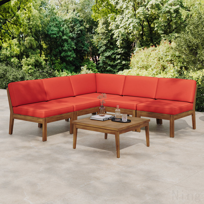 Ensemble de canapé modulaire sans accoudoirs en bois d'acacia 5 places Grenada, teck + rouge