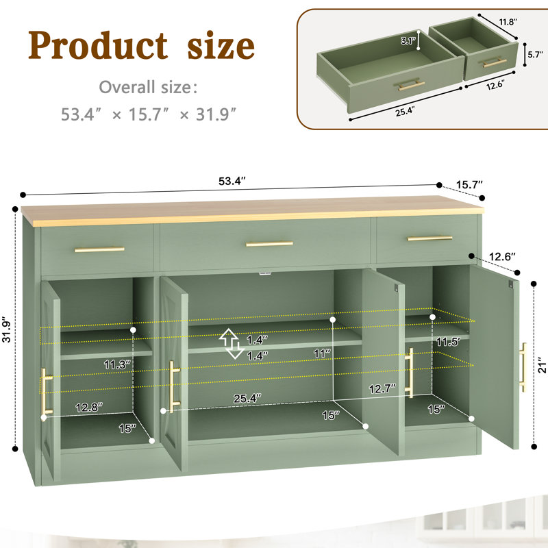 Cydney 53.4" Sideboard Buffet with 3 Drawers, Green