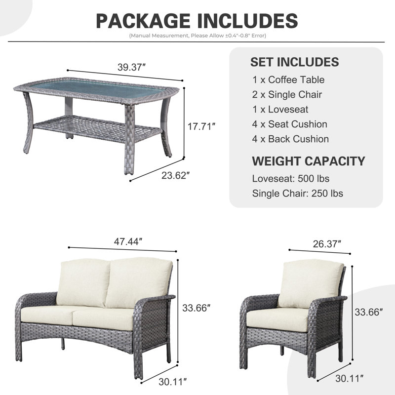 4 Piece Rattan Sofa Seating Group with Cushions, Gray/Beige