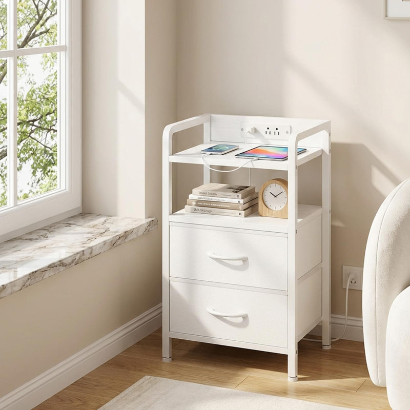 Nightstand with 2 Fabric Drawers and Storage Shelf – 3-Tier Modern Bed Side Table with Wooden Top for Bedroom, Living Room, Study, Hallway, Small Spaces