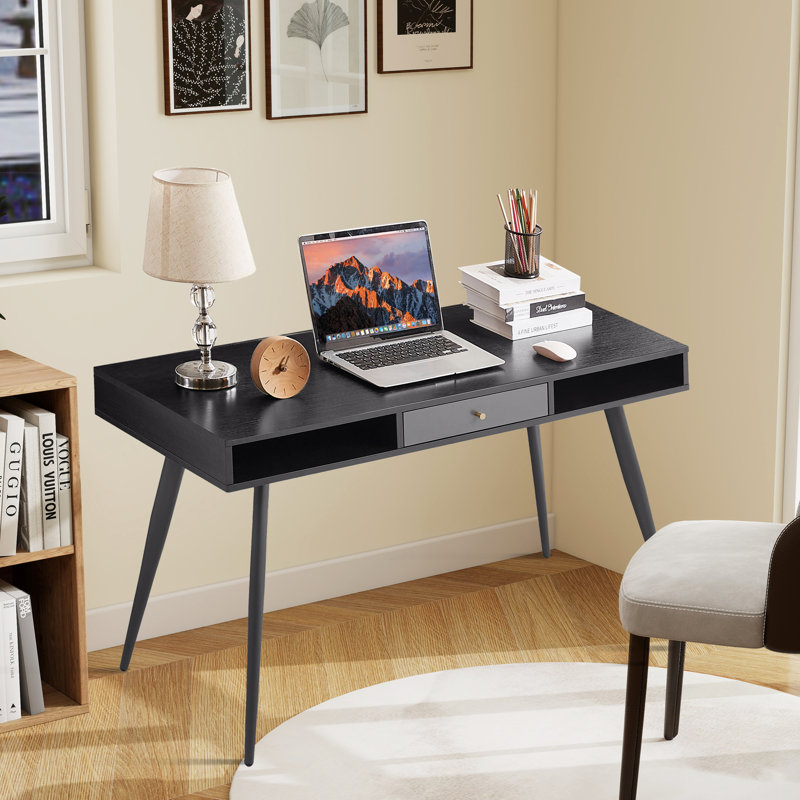 Mid-Century Modern Writing Desk With Drawer And Usb Ports&Power Outlet, Black