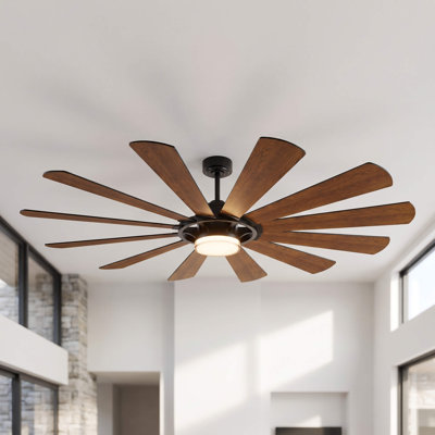 62"/72" Windmill Ceiling Fan with Light, Large Modern Industrial Ceiling Fan with Remote, 12 Blade High Airflow Ceiling Fan, Quiet Reversible DC Motor, Dimmable LED Ceiling Fan for Living Room, Farmhouse