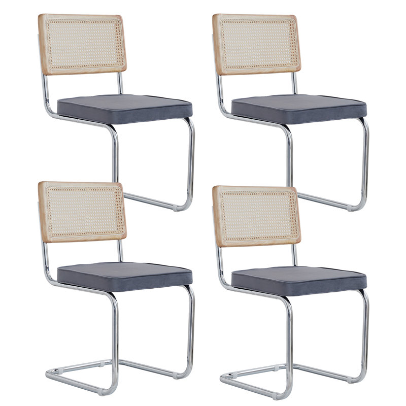 Chairs - Scandinavian Velvet Dining Chair - Rattan Back Chair - Metal Legs, 4, Grey