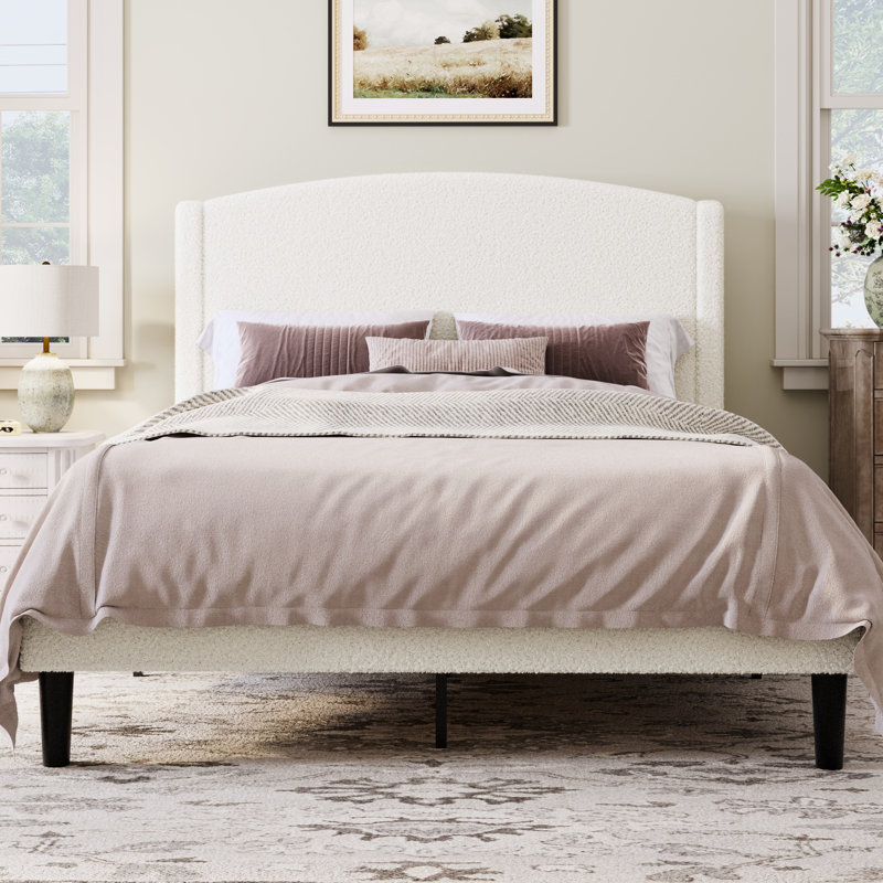 Chic Teddy Fleece Upholstered Platform Bed With Curve-Shaped Headboard, Modern Soft Boucle Fabric Bed Frame, Solid Wood Slat Support, No Box Spring Needed