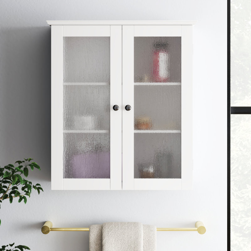 Removable Two-Door Wall Cabinet with Water-Textured Glass and Adjustable Shelves, White