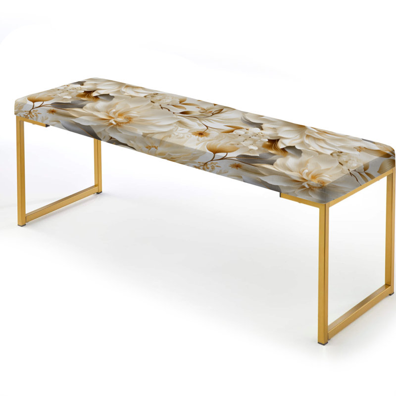 Banc floral rembourré or, Motif bohème de fleurs de chrysanthème blanches