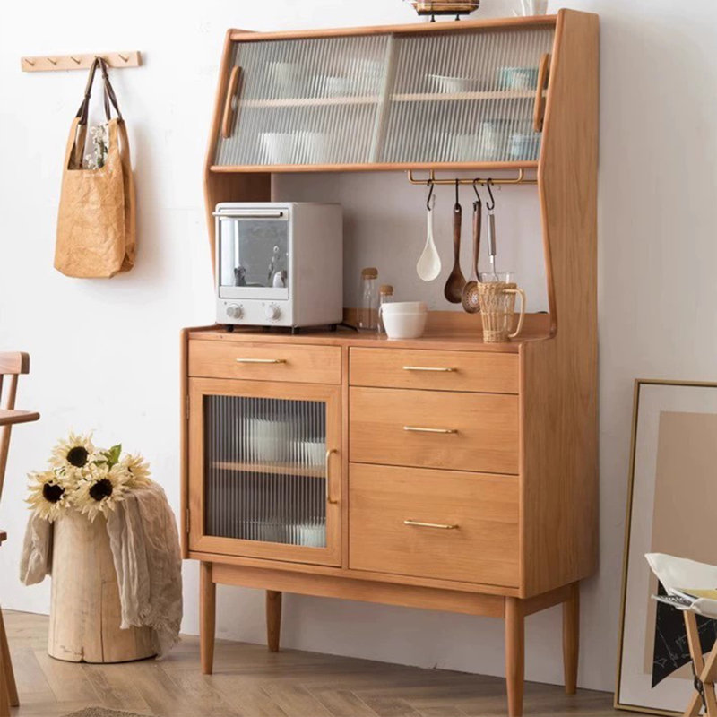 Buffet couleur cerisier massif + bois manufacturé + verre, Bois de cerisier