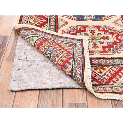 3'x15'5" Floral White, Organic Wool, Kazak with Geometric Medallions Design, Hand Knotted, Vegetable Dyes, Denser Weave, XL, Runner, Oriental Rug