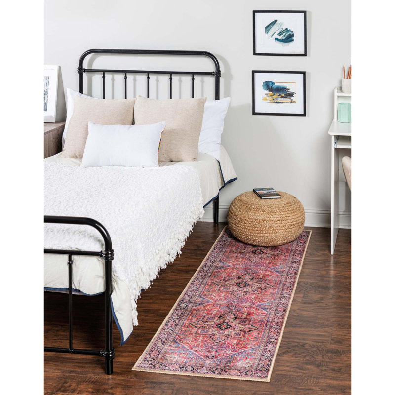Tapis rouge / bleu marine / beige Prague, Tapis de couloir 2 pi x 6 pi