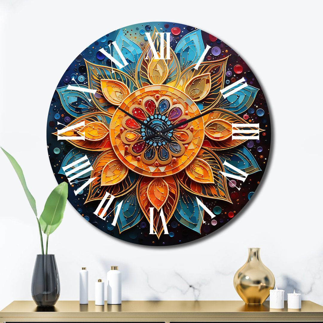 Gold Teal Yoga Mandala Pointillism Metal Wall Clock Design Art 
