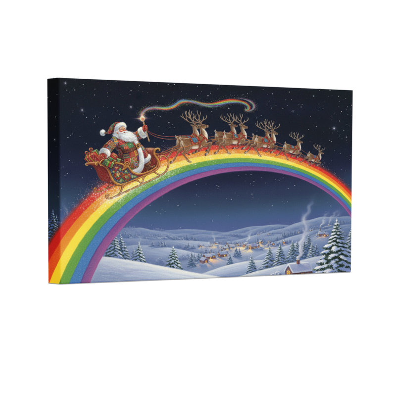 «Christmas Santa Flying Over Rainbow», ensemble de 3 reproductions d'art sur toile, H 12 po x l 18 po