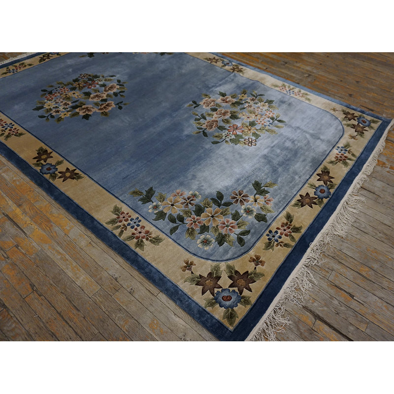 Luxurious Silk Pile Vintage Light Blue Color Chinese Deco Design Rug
