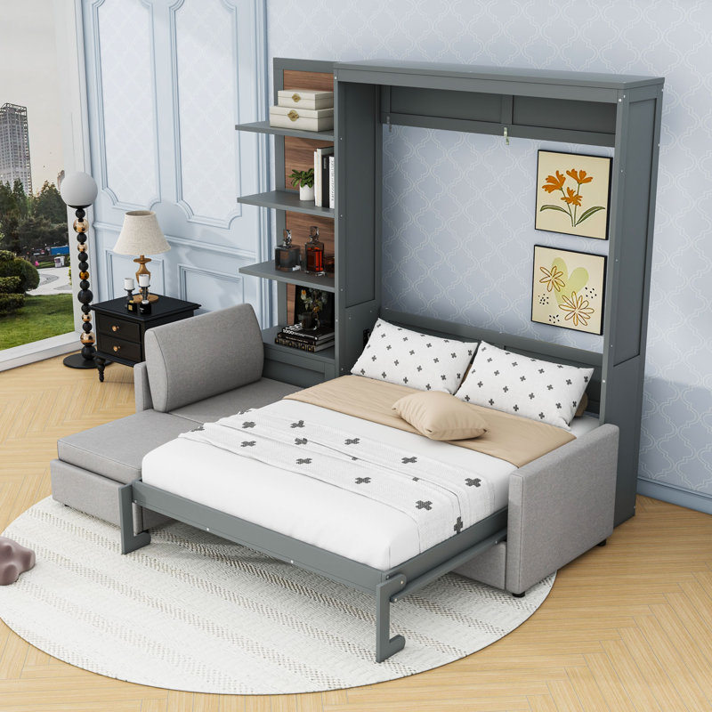 Grand lit escamotable avec canapé et tablettes, Gris