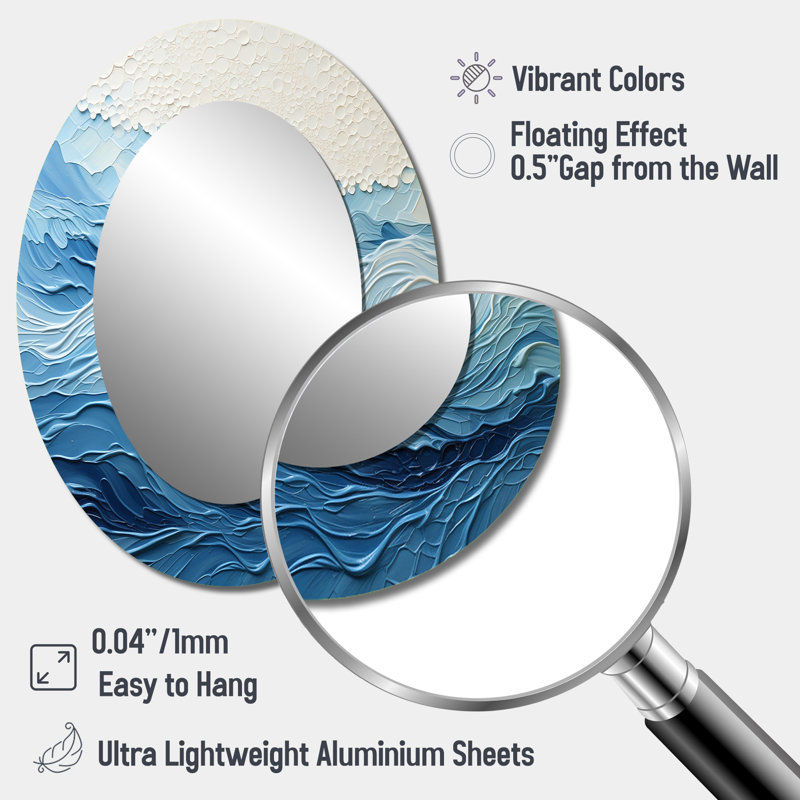 Blue And White Modern Waves Of The Coast I - Blue Coastal Oval Wall Mirror, 40" H x 30" W