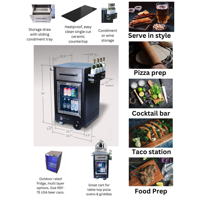 Mont Alpi Stainless Steel 33"W Premium Outdoor Kitchen Island Rolling Bar Cart Prep Table Grill Station with Ceramic Top & Beverage Refrigerator + Storage Drawers for Accessories + Wine Holder Shelf