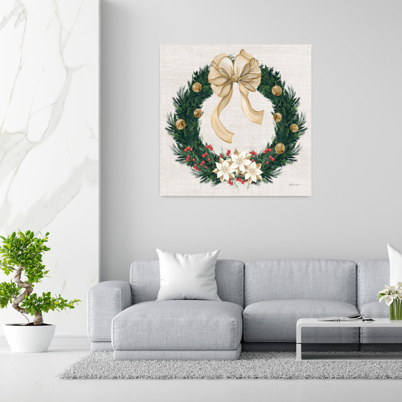Art contemporain ivoire de Noël à feuilles persistantes avec baies en forme de clochettes, H 48 po x l 48 po