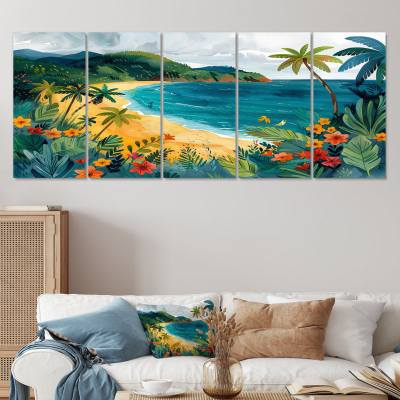 «Orange Green Coastal Beach In Mexico III», ensemble d'art mural sur toile plage, H 32 po x l 80 po