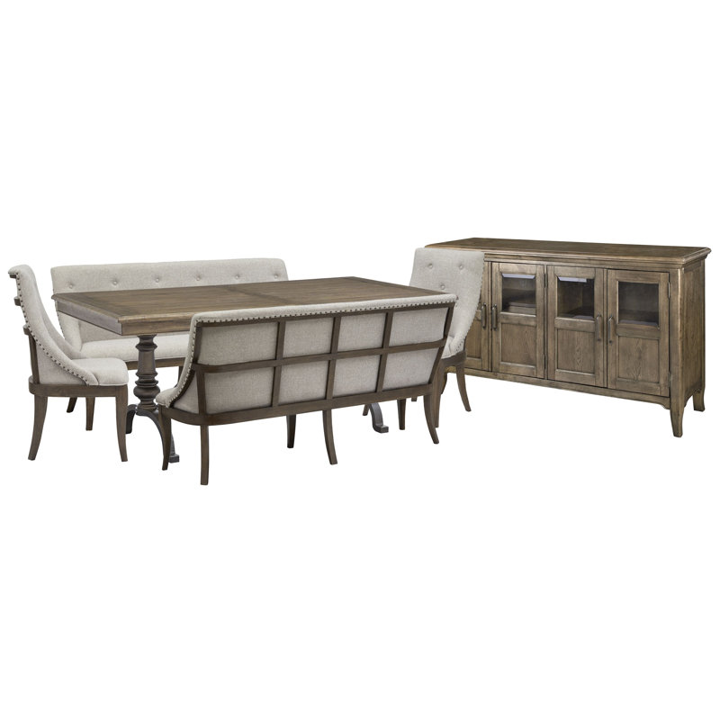 Extendable Rectangular Dining Table With 2 Benches 2 Arm Chairs And Buffet, 6 Pieces: Table, 2 Benches, 2 Chairs, Sideboard