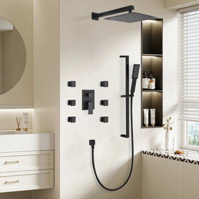 1-Spray 9.84 In. Wall Mount Dual Fixed And Handheld Shower Head 1.8 GPM With 6 Body-Sprays In Matte Black