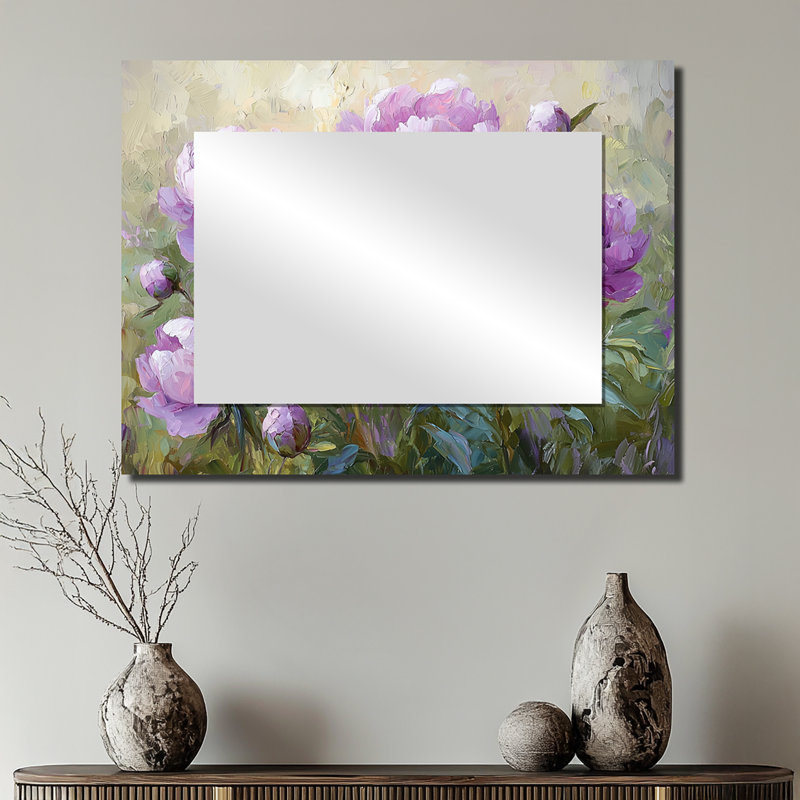 Lavande, pivoines dans les champs, prairie au coucher du soleil I - Art mural miroir floral - imprimé sur métal