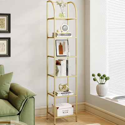 Bookcase Bookshelf, Tempered Glass Arched Bookshelf For More Storage, Slim Shelving Unit For Bedroom, Bathroom, Home Office, Steel Frame by Mercer41