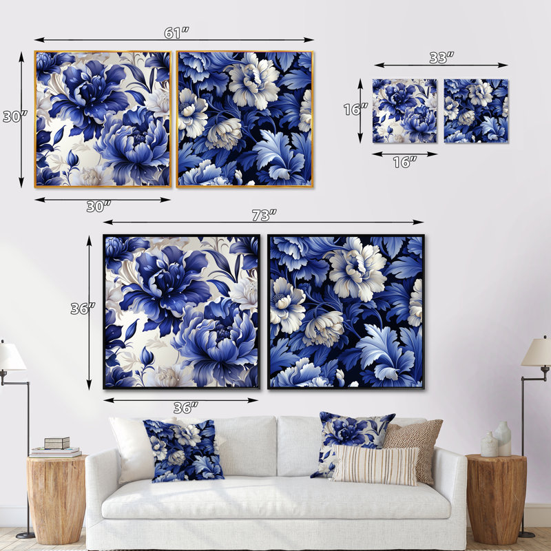 Motif damassé cobalt bleu victorien - ensemble de collage carré floral, H 16 po x l 33 po, Toile tendue