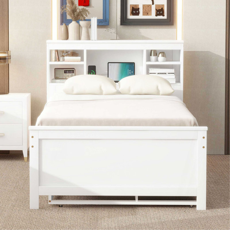 Lit plateforme simple avec tête de lit, USB, lit gigogne simple et 3 tiroirs, blanc