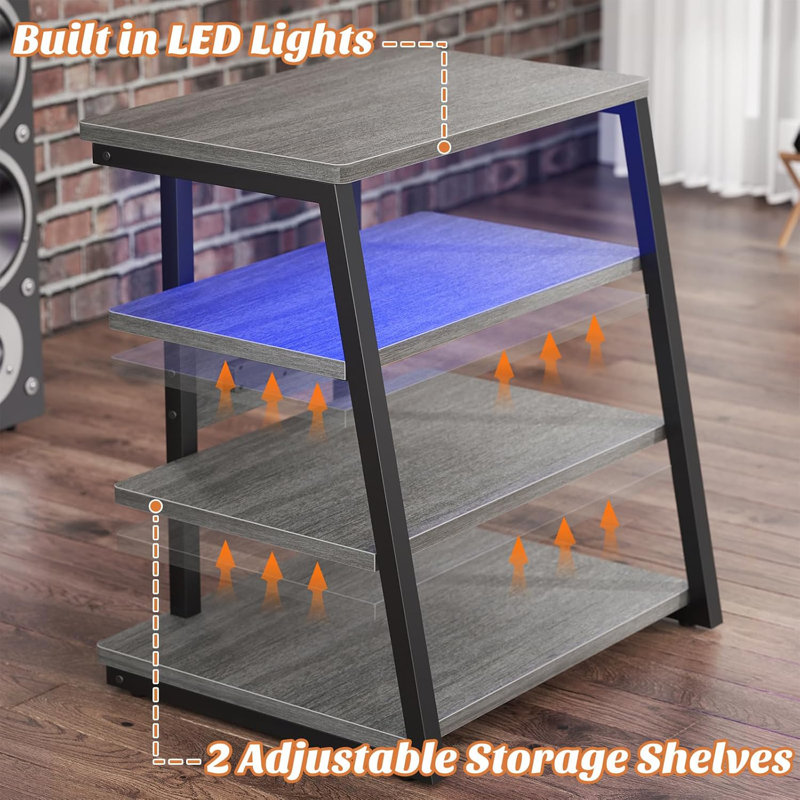 AV Media Stand With Outlets, Media Console With LED Lights, Stereo Racks And Stands With Storage Shelves, Media Audio Tower Stand