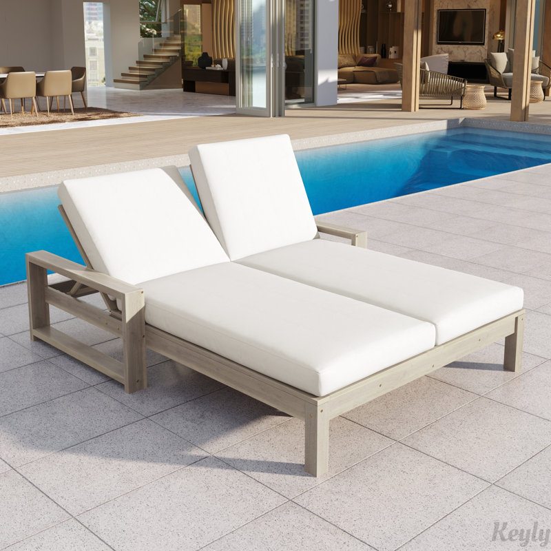 Outdoor Double Lounge Chair with 5-Position Adjustable Backrest for Each Seat, Wood Patio Chaise Lounge with Removable Cushions for Patio, Poolside, Garden