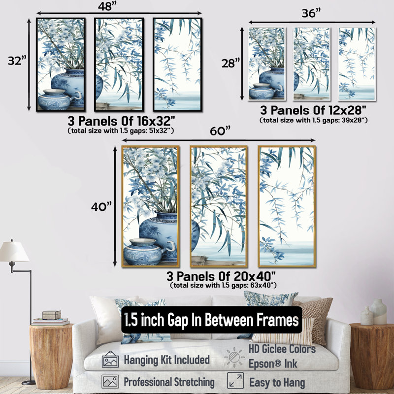 Ensemble de salon d'art mural en bambou, sérénité chinoise en bambou bleu, Cadre flottant doré, H 28 po x l 36 po x P 1 po
