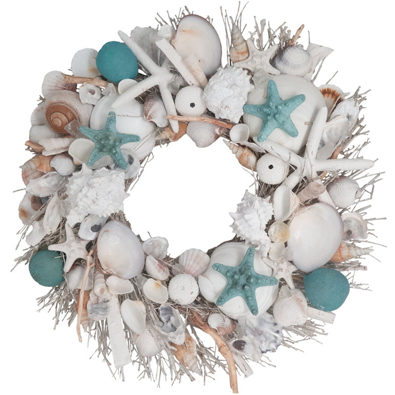Handcrafted Preserved Shells 20'' Wreath, Blue