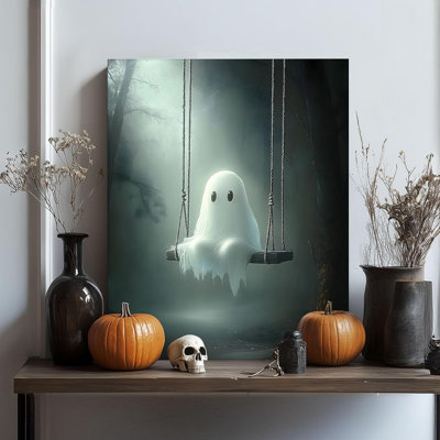 Halloween Canvas Wall Decor Cute Ghost Sitting On Swing In The Black Forest Poster Framed Print Retro Wall Painting Witchy Artwork Victorian Gothic Pictures Eerie Aesthetics for Bedroom 16x20inch