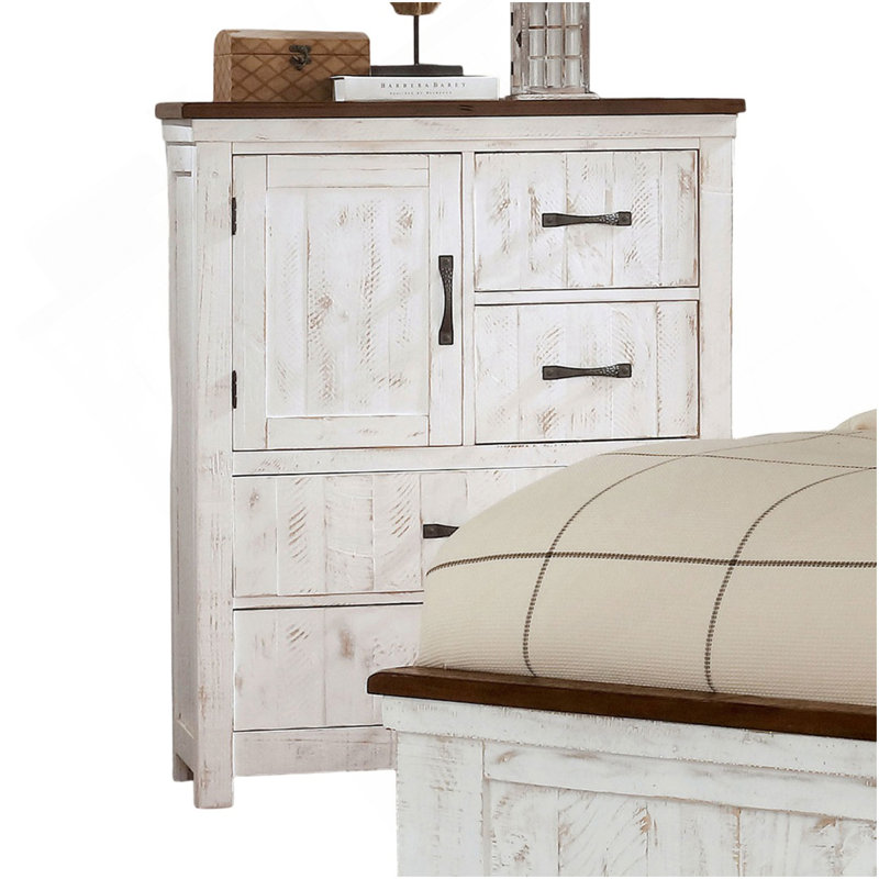 Commode en métal de style transitionnel moderne de 1 pièce avec quatre tiroirs et une planche d'armoire au fini blanc vieilli et noyer