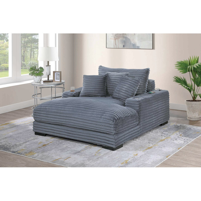 Chaise longue moderne avec porte-gobelets en bois et velours côtelé, Gris