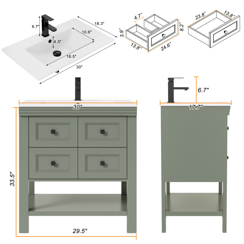  Sharee 30" Freestanding Single Bathroom Vanity Set with Sink Top, Faucet, Painted Surface, 2 Deep Drawers, Green