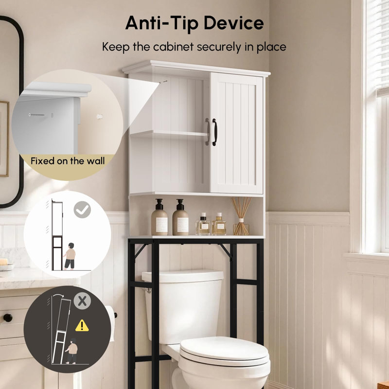 Meuble de salle de bain gain de place de style ferme moderne de 64,3 cm de large, à placer au-dessus des toilettes, avec portes, blanc