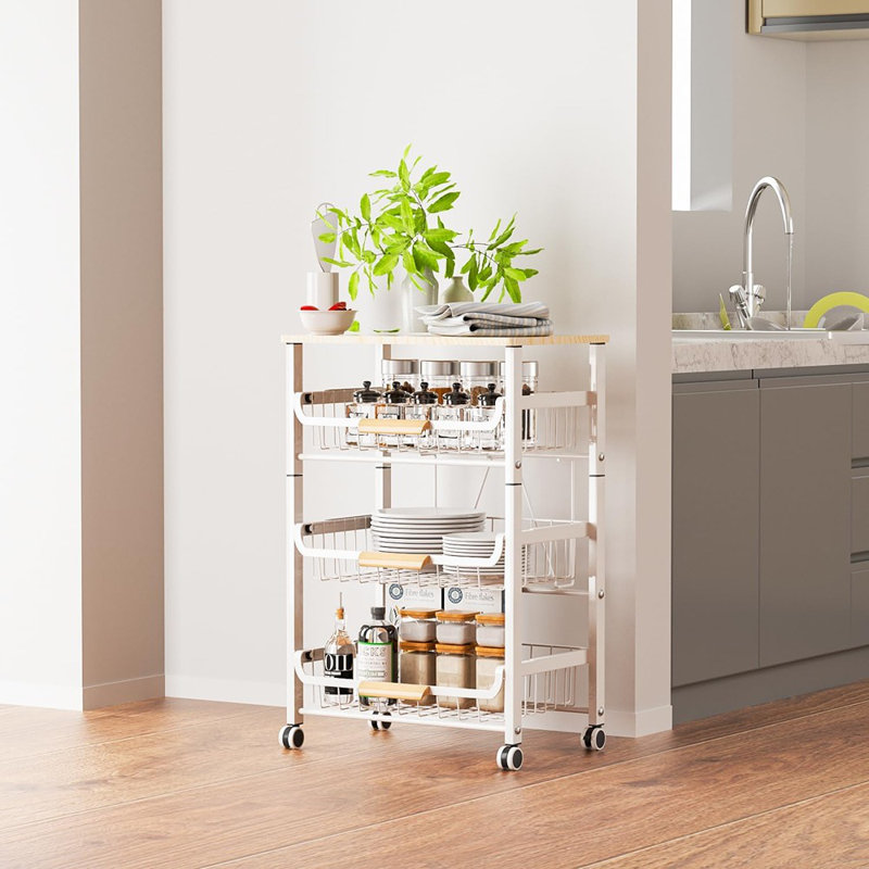 Chariot de rangement à 4 niveaux pour fruits et légumes avec plateau et poignée en bois, organisateur de panier coulissant en fil métallique pour le garde-manger, l'oignon, la pomme de terre et le petit espace de rangement (blanc)