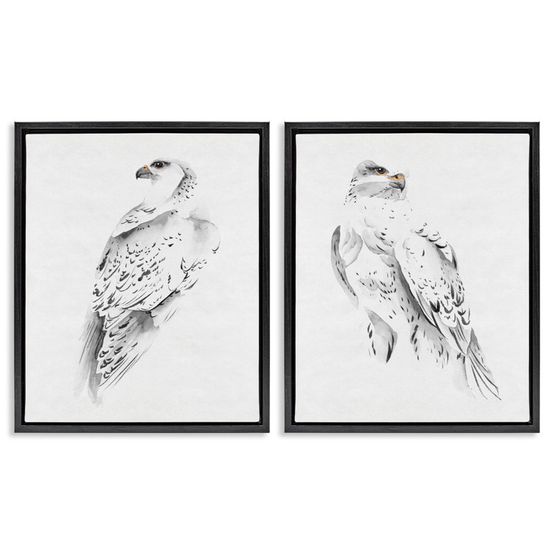 «White Hawk Winter Birds», ensemble de 2 toiles flottantes encadrées par Melissa Wang, Cadre flottant noir de jais